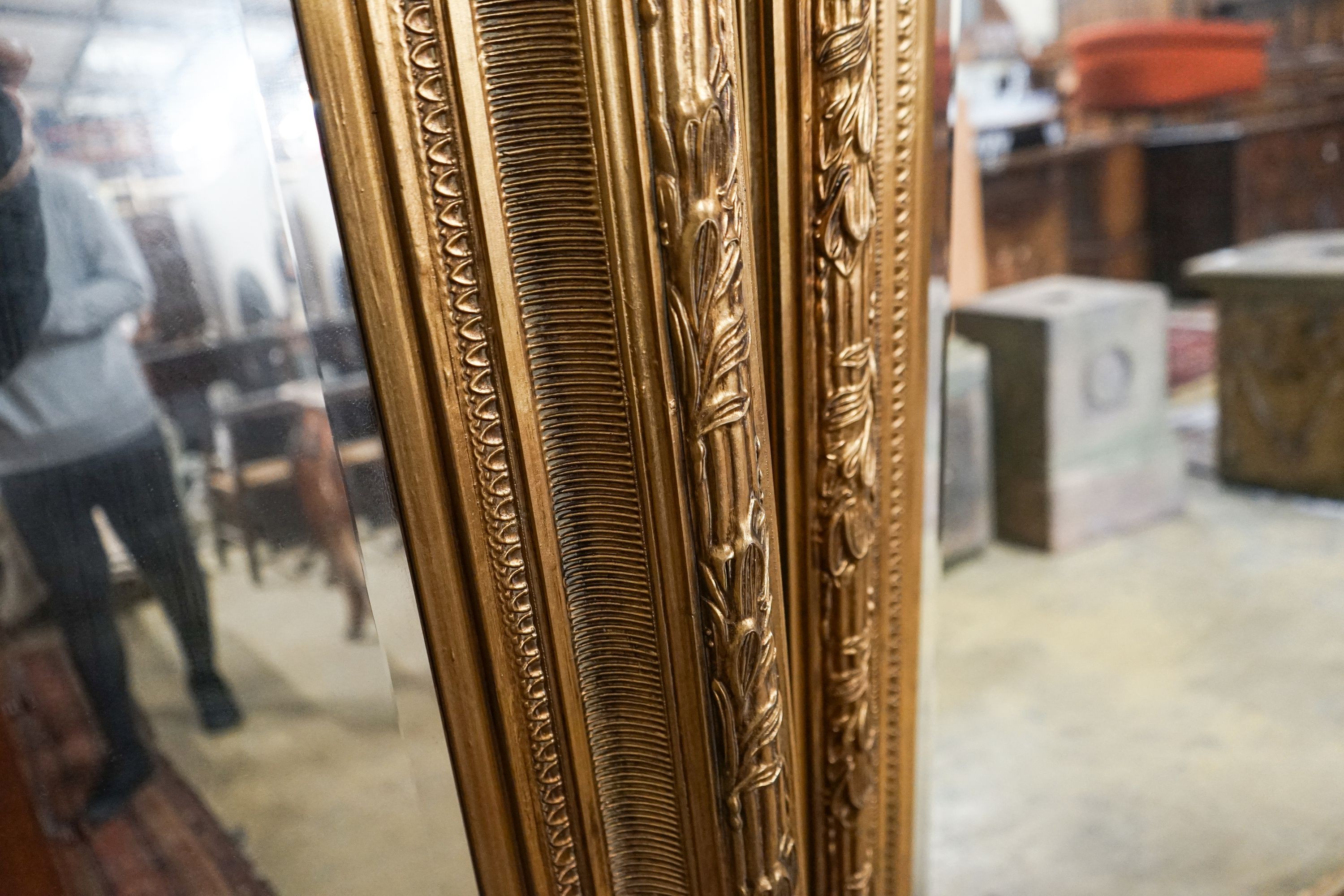 A pair of Victorian style rectangular gilt framed wall mirrors, width 118cm, height 150cm